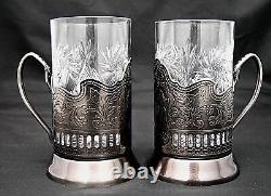 Set of 6 Russian Tea Glass Holders Podstakannik with Soviet Cut Crystal Glasses