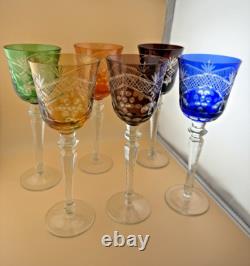 Set of 6 Wine Glasses Bohemian Czech Colored Cut Crystal Goblets 9.75