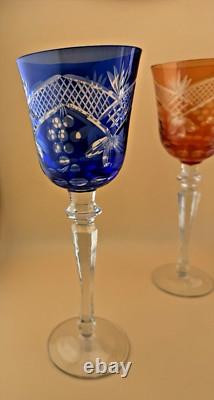 Set of 6 Wine Glasses Bohemian Czech Colored Cut Crystal Goblets 9.75