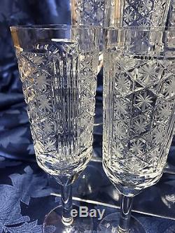 Set of Six (6) Czech Bohemian Crystal Cut to Clear Champagne Flutes Stemware