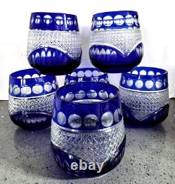 Set of Six Cut To Clear Crystal Cobalt Whiskey Rocks Glasses Gorgeous Etching