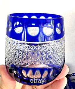 Set of Six Cut To Clear Crystal Cobalt Whiskey Rocks Glasses Gorgeous Etching
