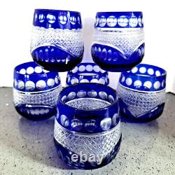 Set of Six Cut To Clear Crystal Cobalt Whiskey Rocks Glasses Gorgeous Etching