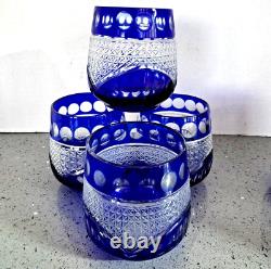 Set of Six Cut To Clear Crystal Cobalt Whiskey Rocks Glasses Gorgeous Etching
