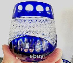 Set of Six Cut To Clear Crystal Cobalt Whiskey Rocks Glasses Gorgeous Etching