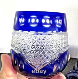 Set of Six Cut To Clear Crystal Cobalt Whiskey Rocks Glasses Gorgeous Etching