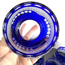 Set of Six Cut To Clear Crystal Cobalt Whiskey Rocks Glasses Gorgeous Etching