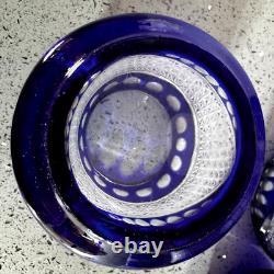 Set of Six Cut To Clear Crystal Cobalt Whiskey Rocks Glasses Gorgeous Etching