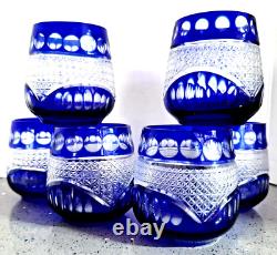 Set of Six Cut To Clear Crystal Cobalt Whiskey Rocks Glasses Gorgeous Etching
