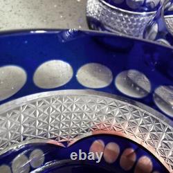 Set of Six Cut To Clear Crystal Cobalt Whiskey Rocks Glasses Gorgeous Etching