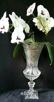 Signed 19 Tall Bohemian Czech Crystal Vase Urn Hand Cut Queen Lace