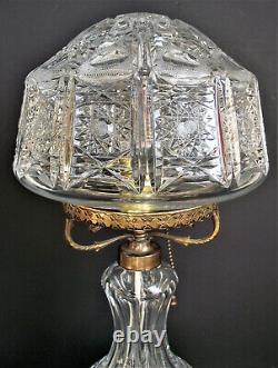 Signed HAWKES American Brilliant CUT GLASS TABLE LAMP HOBSTAR PANEL ABP CRYSTAL