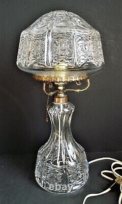 Signed HAWKES American Brilliant CUT GLASS TABLE LAMP HOBSTAR PANEL ABP CRYSTAL