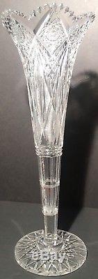 Signed Hawkes ABP Cut Glass Crystal Trumpet Vase 17 3/4 Tall