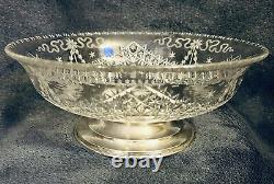 Signed Hawkes Rock Crystal Cut Glass Bowl Sterling Silver Base 9D