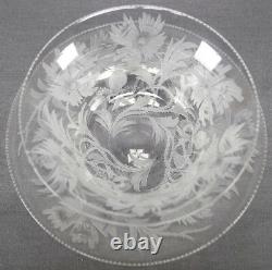 Signed Libbey Gravic Intaglio Cut Poppies Glass Finger Bowl & Under Plate