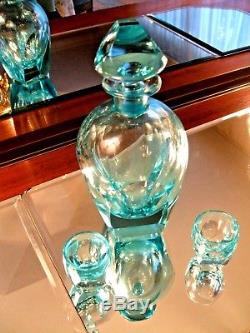 Signed Moser Beryl Cut Crystal Decanter c 1934 withith Two Shot Glasses