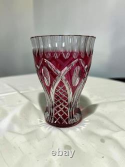 Signed VAL SAINT LAMBERT Cranberry Cut Crystal Glass Vase, 1950s Art Glass