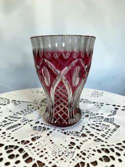Signed VAL SAINT LAMBERT Cranberry Cut Crystal Glass Vase, 1950s Art Glass