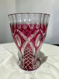 Signed VAL SAINT LAMBERT Cranberry Cut Crystal Glass Vase, 1950s Art Glass