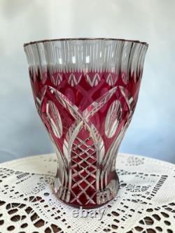 Signed VAL SAINT LAMBERT Cranberry Cut Crystal Glass Vase, 1950s Art Glass