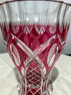 Signed VAL SAINT LAMBERT Cranberry Cut Crystal Glass Vase, 1950s Art Glass