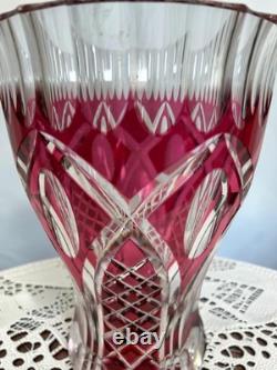 Signed VAL SAINT LAMBERT Cranberry Cut Crystal Glass Vase, 1950s Art Glass