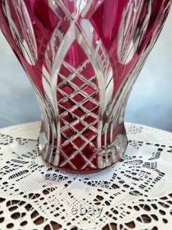 Signed VAL SAINT LAMBERT Cranberry Cut Crystal Glass Vase, 1950s Art Glass