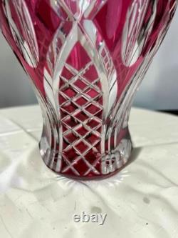 Signed VAL SAINT LAMBERT Cranberry Cut Crystal Glass Vase, 1950s Art Glass