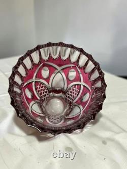Signed VAL SAINT LAMBERT Cranberry Cut Crystal Glass Vase, 1950s Art Glass