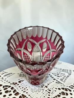 Signed VAL SAINT LAMBERT Cranberry Cut Crystal Glass Vase, 1950s Art Glass
