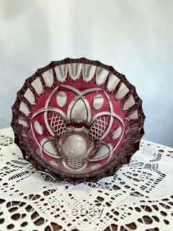 Signed VAL SAINT LAMBERT Cranberry Cut Crystal Glass Vase, 1950s Art Glass