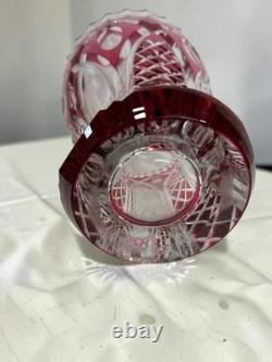 Signed VAL SAINT LAMBERT Cranberry Cut Crystal Glass Vase, 1950s Art Glass
