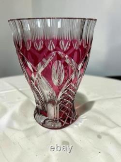 Signed VAL SAINT LAMBERT Cranberry Cut Crystal Glass Vase, 1950s Art Glass