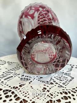 Signed VAL SAINT LAMBERT Cranberry Cut Crystal Glass Vase, 1950s Art Glass
