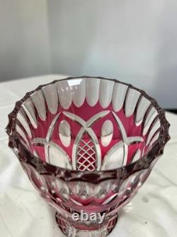 Signed VAL SAINT LAMBERT Cranberry Cut Crystal Glass Vase, 1950s Art Glass