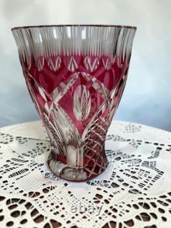 Signed VAL SAINT LAMBERT Cranberry Cut Crystal Glass Vase, 1950s Art Glass