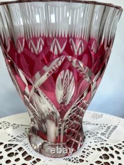 Signed VAL SAINT LAMBERT Cranberry Cut Crystal Glass Vase, 1950s Art Glass