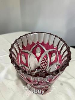 Signed VAL SAINT LAMBERT Cranberry Cut Crystal Glass Vase, 1950s Art Glass