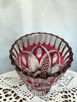 Signed VAL SAINT LAMBERT Cranberry Cut Crystal Glass Vase, 1950s Art Glass