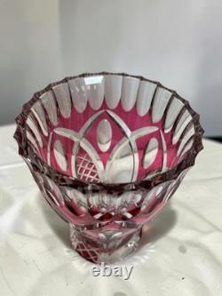 Signed VAL SAINT LAMBERT Cranberry Cut Crystal Glass Vase, 1950s Art Glass