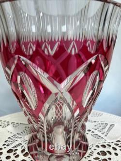 Signed VAL SAINT LAMBERT Cranberry Cut Crystal Glass Vase, 1950s Art Glass