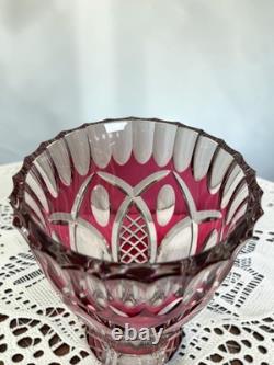 Signed VAL SAINT LAMBERT Cranberry Cut Crystal Glass Vase, 1950s Art Glass