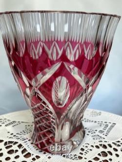 Signed VAL SAINT LAMBERT Cranberry Cut Crystal Glass Vase, 1950s Art Glass