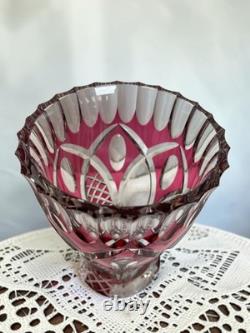 Signed VAL SAINT LAMBERT Cranberry Cut Crystal Glass Vase, 1950s Art Glass