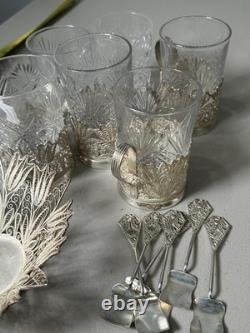 Silver Filigree Tea Glass Holders 6 with Cut Crystal Glasses and Spoons Silver Filigree Tea Glass Holders 6 with Cut Crystal Glasses and Spoons