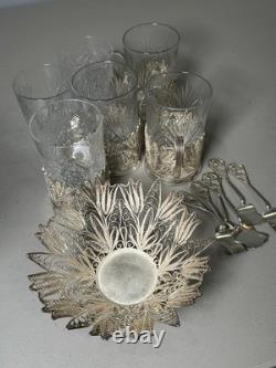 Silver Filigree Tea Glass Holders 6 with Cut Crystal Glasses and Spoons Silver Filigree Tea Glass Holders 6 with Cut Crystal Glasses and Spoons