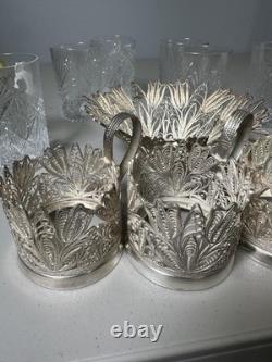 Silver Filigree Tea Glass Holders 6 with Cut Crystal Glasses and Spoons Silver Filigree Tea Glass Holders 6 with Cut Crystal Glasses and Spoons