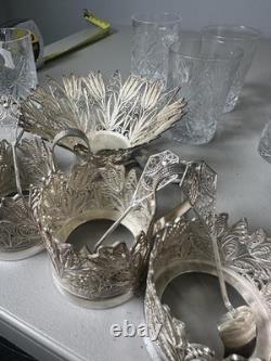 Silver Filigree Tea Glass Holders 6 with Cut Crystal Glasses and Spoons Silver Filigree Tea Glass Holders 6 with Cut Crystal Glasses and Spoons