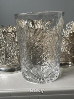 Silver Filigree Tea Glass Holders 6 with Cut Crystal Glasses and Spoons Silver Filigree Tea Glass Holders 6 with Cut Crystal Glasses and Spoons